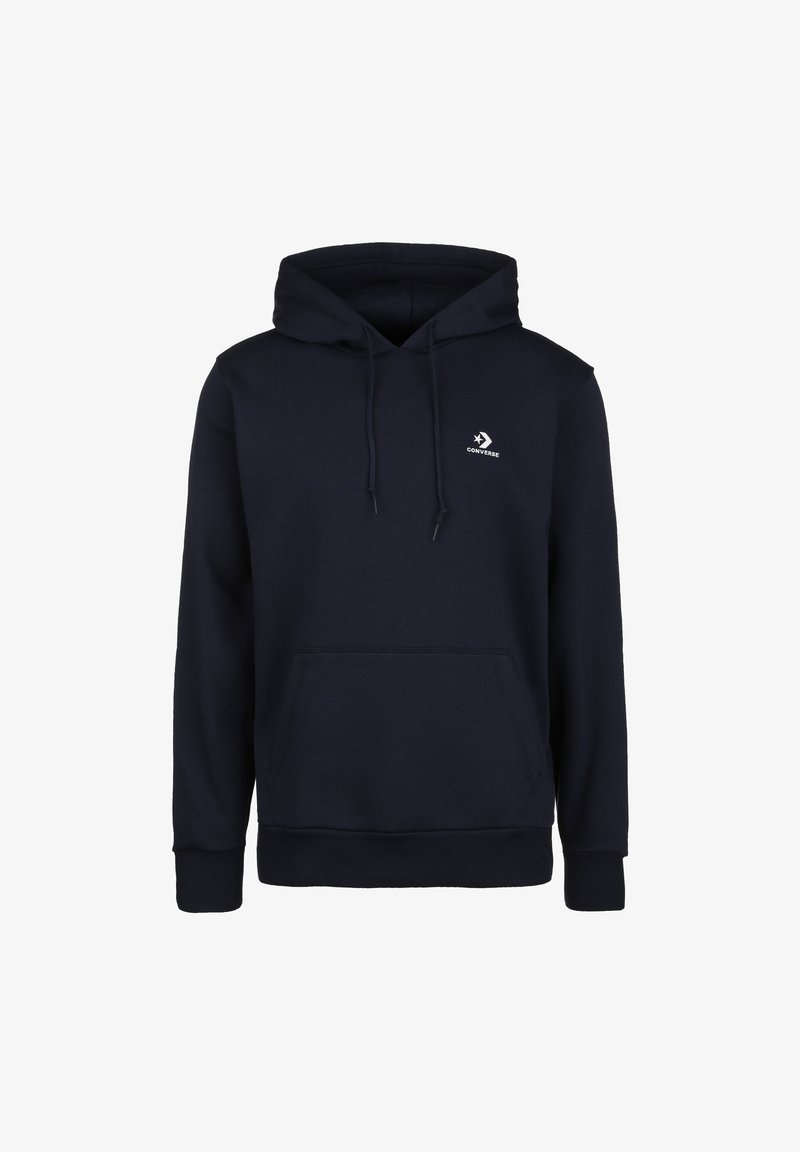 Sweat à capuche bleu marine à enfiler avec poche kangourou devant, capuche réglable par cordon, poignets côtelés et petit logo Converse blanc sur la poitrine.