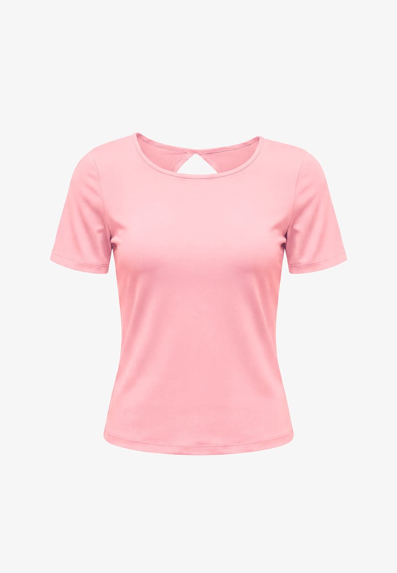 Haut rose ajusté à manches courtes pour femme, avec un col rond et une petite découpe goutte d'eau triangulaire à l'avant près du col.
