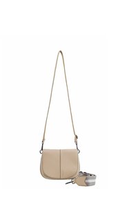 Borsa a spalla in pelle beige con pattina curva, tracolla regolabile e tracolla decorata staccabile. Texture liscia, design minimalista.