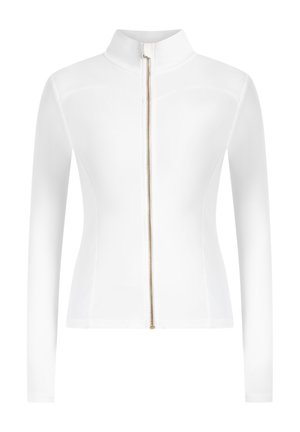 Witte lange mouw jas met hoge kraag en een centrale gouden rits. Slim fit ontwerp met een gladde textuur en zonder zichtbare patronen.