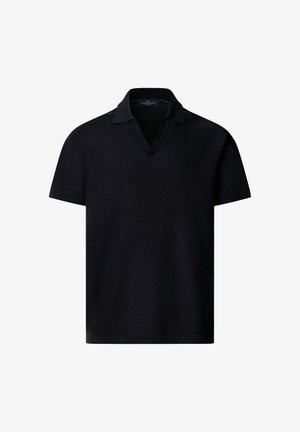 Zwarte gebreide polo met korte mouwen, een V-hals en kraag, voorzien van een subtiel textuurpatroon en een rechte zoom.