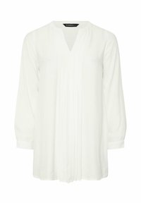 Blusa bianca a maniche lunghe con scollatura a V, caratterizzata da dettagli plissettati sul davanti e maniche a polsino in un tessuto leggero.