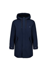 Marineblaue wasserdichte Parka mit Kapuze, ausgestattet mit verstellbaren Zugbändern, Seitentaschen und einer glänzenden Textur. Einfaches Logo auf der Brust.