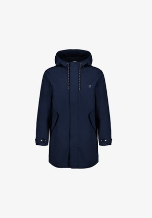 Parka impermeabile blu navy con cappuccio, dotata di cordini regolabili, tasche laterali e una superficie liscia. Logo semplice sul petto.