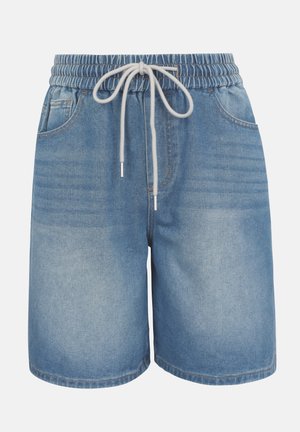 Svetlomodré rifľové šortky s elastickým pásom a bielym šnúrkom, s prednými vreckami a voľným strihom.