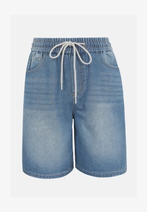 Jasnoniebieskie szorty jeansowe z elastycznym pasem i białym sznurkiem, z przednimi kieszeniami i casualowym krojem.