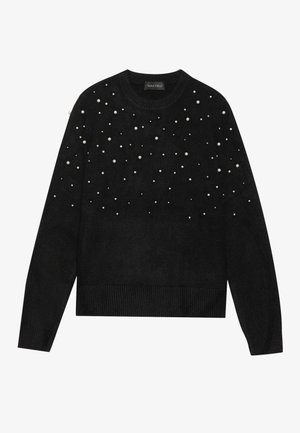 Czarny sweter z dzianiny z okrągłym dekoltem, zdobiony rozproszonymi białymi akcentami w postaci perłowych koralików oraz żebrowanymi mankietami i dołem. Miękka tekstura i luźny krój.