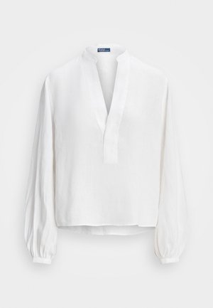 White long-sleeve blouse with mandarin collar, deep V-neck, loose fit, and gathered cuffs, displayed against a light background.