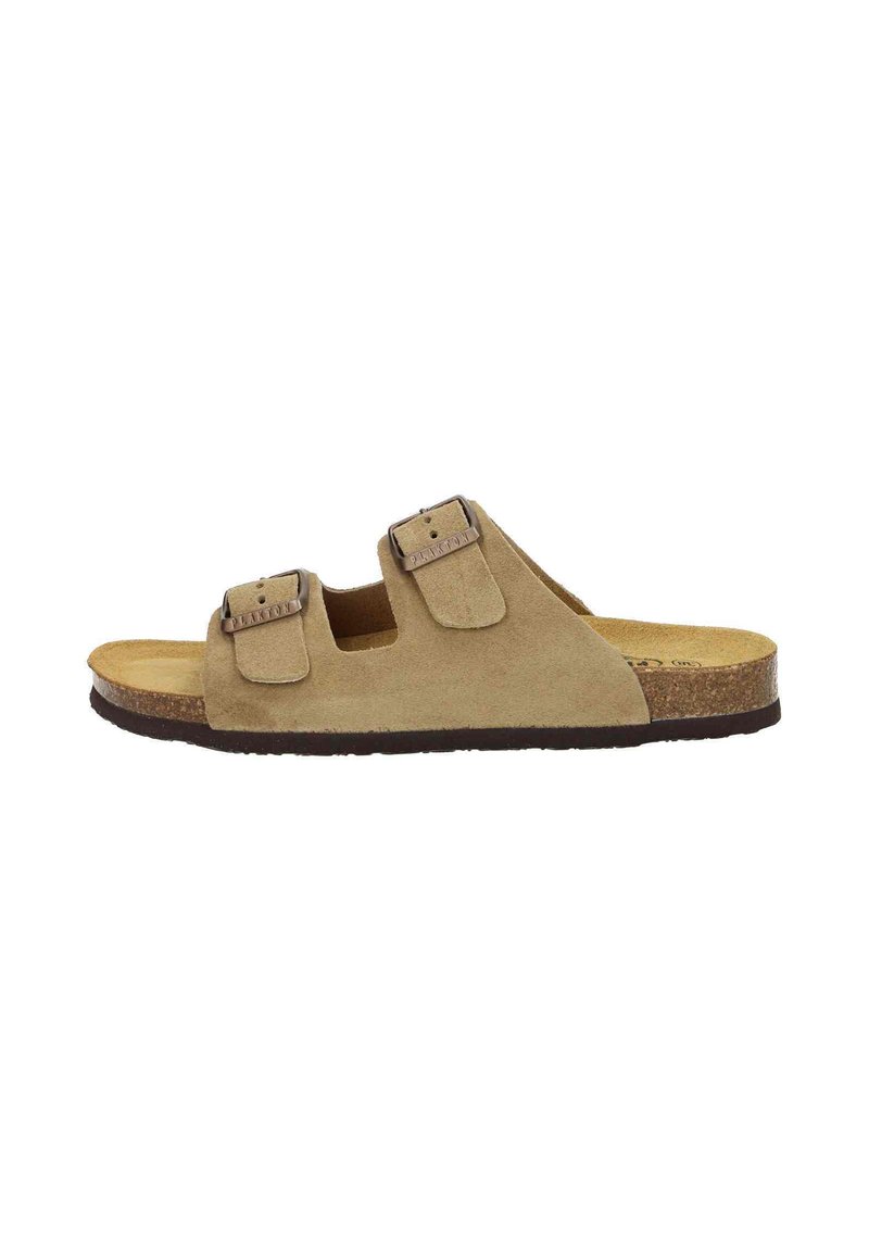 Beige suede slide sandal with two adjustable straps and metal buckles, cork footbed, and rubber sole. Flat design with an open toe.