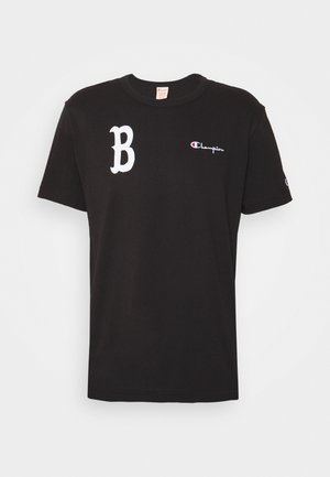Black short-sleeve T-shirt with white "B" on left chest and small Champion logo in white and red on right chest and left sleeve.