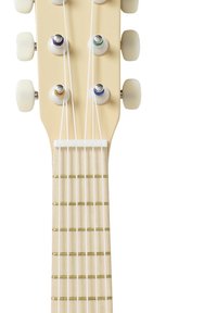 Acoustic guitar neck in light beige, featuring six tuning pegs with colored accents and metal hardware, complemented by clear nylon strings.