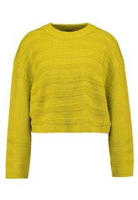 Pull court jaune avec un design tricoté texturé à rayures. Il possède des manches longues et un col rond. Fabriqué en tissu doux.