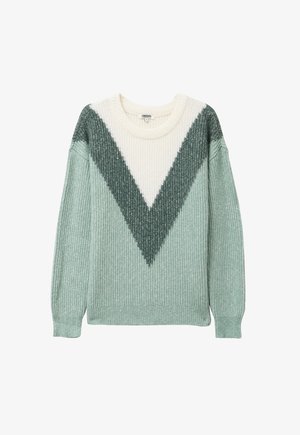 Pull en maille côtelée à manches longues, présentant un motif en chevron blanc et vert foncé sur un fond vert clair.