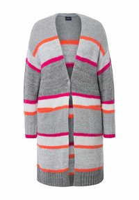 Cardigan grigio a maglia con righe verticali in rosa, arancione e bianco. Presenta una vestibilità comoda, apertura frontale e maniche a tre quarti.