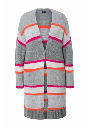 Harmaa neule cardigan, jossa on pystysuoria raitoja vaaleanpunaisena, oranssina ja valkoisena. Ominaisuuksiin kuuluu rento istuvuus, auki oleva etuosa ja kolmanneksi viimeiset hihat.