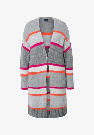 Grauer Strickcardigan mit vertikalen Streifen in Pink, Orange und Weiß. Mit lockerer Passform, offenem Frontdesign und Dreiviertelärmeln.