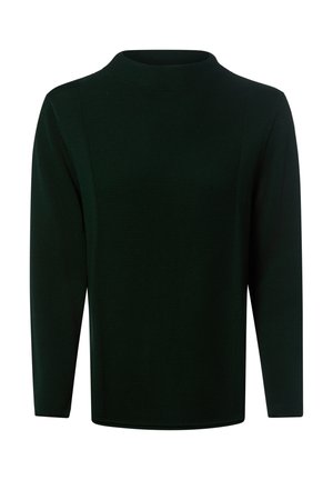 Schwarzer Pullover mit langen Ärmeln und Rundhalsausschnitt mit strukturiertem Strickmuster, auf weißem Hintergrund dargestellt.