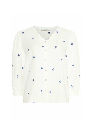 Witte blouse met knopen, voorzien van kleine blauwe bloemenprints en driekwart mouwen, met een V-hals kraag.