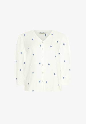 Witte blouse met knopen, voorzien van kleine blauwe bloemenprints en driekwart mouwen, met een V-hals kraag.