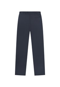 Navy blauwe broek met elastische tailleband, een achterzak met welf en een rechte pijp, met een eenvoudig ontwerp.