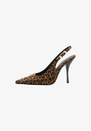 Brun og sort leopardmønster højhælet slingback sko med spids tå og guldbæltedetalje.