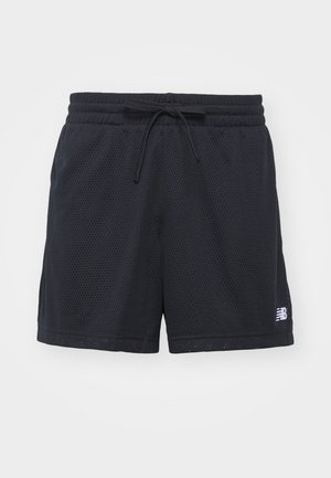 Schwarze Mesh-Sportshorts mit elastischem Bund und Kordelzug sowie einem kleinen weißen Logo auf der unteren rechten Seite.