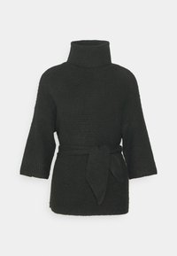 Suéter negro de punto con cuello alto, mangas de tres cuartos y cinturón en la cintura. Tejido texturizado con un ajuste holgado.