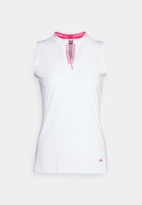 Vit utanärmad topp med hög krage och dragkedja, med ett rosa märkesband runt halsen och en liten rosa logotyp vid fållen.