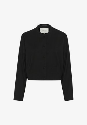 Crna skrajšana jakna s dugim rukavima, okruglim izrezom, prednjim dugmima, napravljena od mekanog materijala. Nema vidljivih uzoraka ili istaknutih detalja.