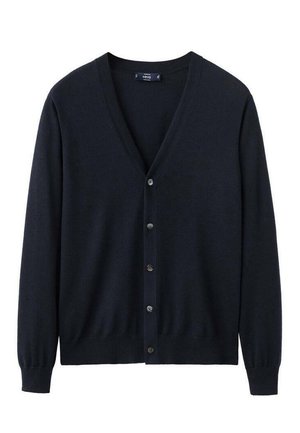 Dunkelblauer Cardigan aus weichem Strickmaterial, mit V-Ausschnitt, langen Ärmeln und sechs Knöpfen vorne sowie geripptem Saum und Bündchen.