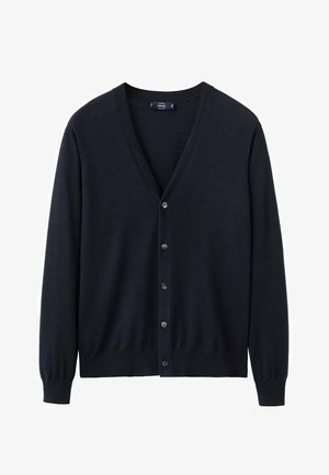 Cardigan bleumarin din material tricotat moale, cu decolteu în V, mâneci lungi și închidere frontală cu șase nasturi, tiv și manșete reiate.