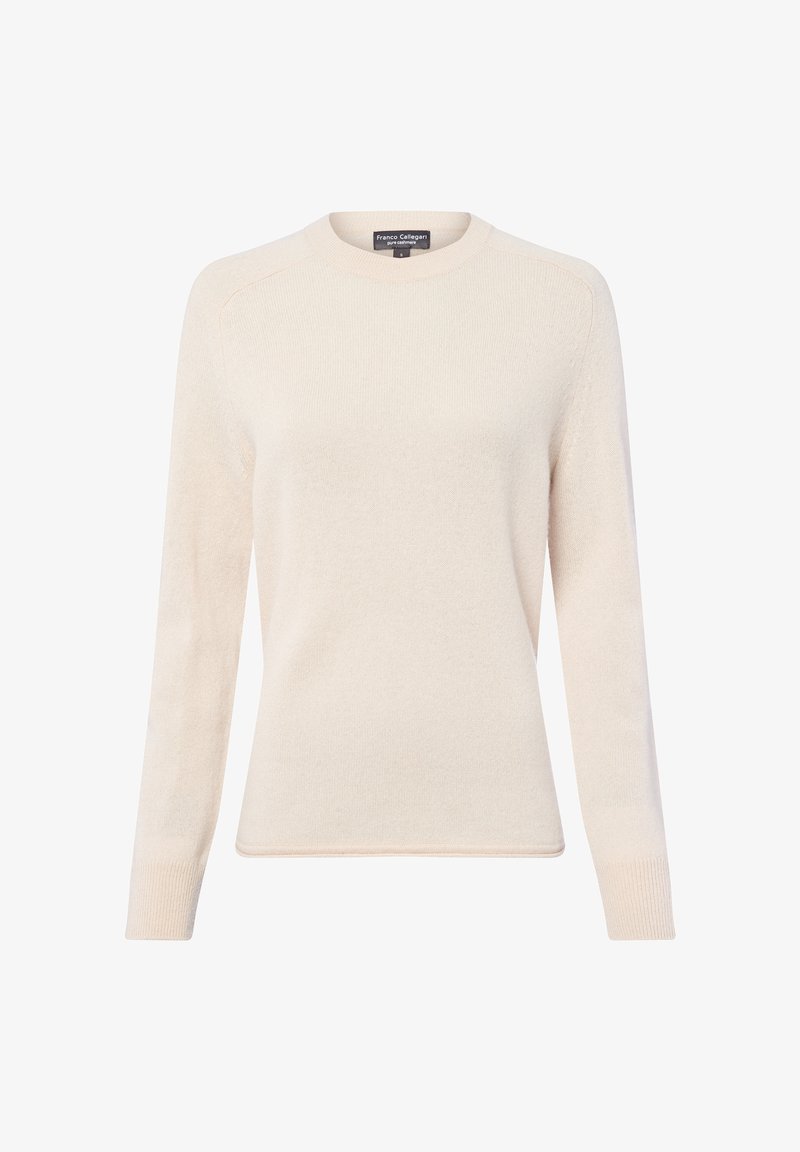 Cremfarbener Pullover mit langen Ärmeln, Rundhalsausschnitt und weichem Stricktextur. Verfügt über gerippte Bündchen und einen geraden Saum mit dezenten Nähdetails.