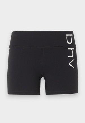 Pantalones cortos deportivos ajustados negros con cintura alta y logo blanco vertical "bhv" en el lado derecho.