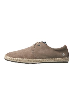 Brown suede casual shoe with jute-wrapped sole, lace-up front, and small logo near heel, shown in side profile on white background.