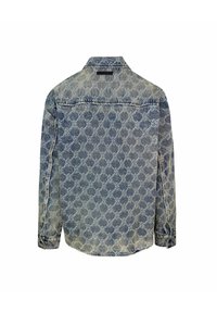 Denim overhemd met een blauw en lichtblauw gestructureerd patroon, lange mouwen en een puntige kraag. Bevat gestikte details en een ronde zoom.