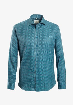 Teal värviline särk pikki varrukate ja nööbiga ees, millel on ümmargune mustriga disain valges ja tumesinises. Sile kangast tekstuur.