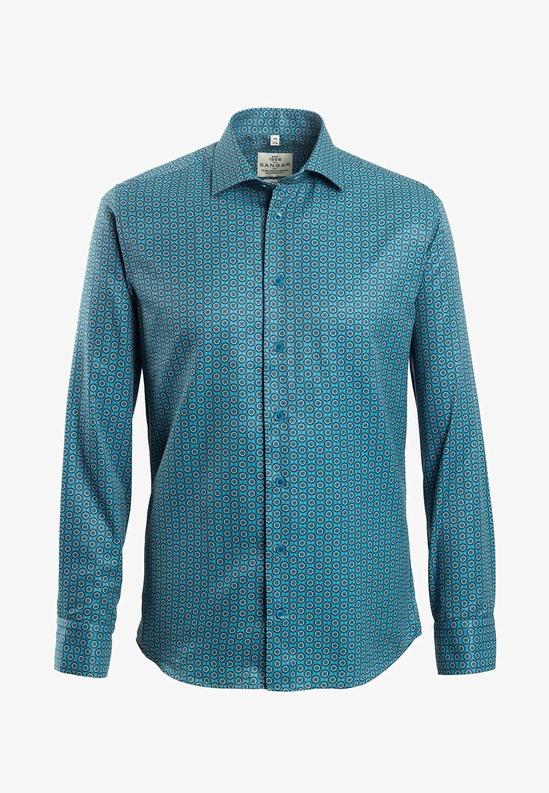 Teal värviline särk pikki varrukate ja nööbiga ees, millel on ümmargune mustriga disain valges ja tumesinises. Sile kangast tekstuur.