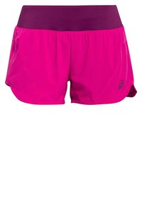 Short de sport rose vif avec une large ceinture violet foncé et un petit logo sur la partie inférieure de la jambe droite.