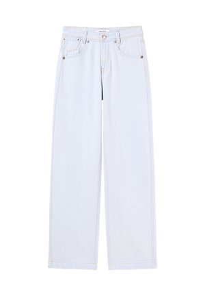 Light blue wide-leg jeans made of denim, featuring a button fly, four pockets, and subtle stitching details along the seams.