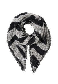 Svart och grå mjuk, triangulär scarf med fransiga kanter och geometriskt mönster, vikt med varumärkets etikett synlig i ett hörn.