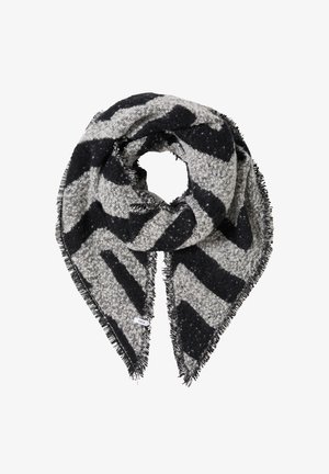 Schwarzer und grauer, weicher, dreieckiger Schal mit fransigen Kanten und geometrischem Muster, gefaltet mit sichtbarem Markenetikett in einer Ecke.