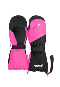Reusch-Fäustlinge in Pink und Schwarz, mit weicher Außenseite, texturierter Griffhandfläche, elastischen Handgelenken und einem Zuglasche für sicheren Sitz.
