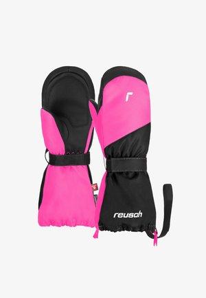 Reusch-Fäustlinge in Pink und Schwarz, mit weicher Außenseite, texturierter Griffhandfläche, elastischen Handgelenken und einem Zuglasche für sicheren Sitz.