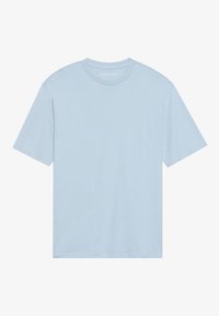 Lyseblå t-skjorte med korte ermer laget av myk stoff, med klassisk rund hals-design og en avslappet passform med rene kanter.