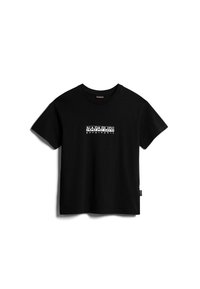 Camiseta negra de manga corta con cuello redondo, con el logo blanco de "NAPAPIJRI geographic" centrado en el pecho.