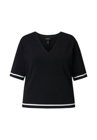 Zwarte V-hals trui met korte mouwen, voorzien van witte strepen aan de mouwen en zoom. Gemaakt van een zachte, gestructureerde stof.
