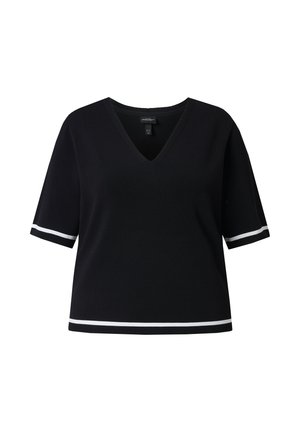 Czarny sweter z dekoltem w serek i krótkimi rękawami, z białymi paskami na rękawach i na dole. Wykonany z miękkiej, teksturowanej tkaniny.