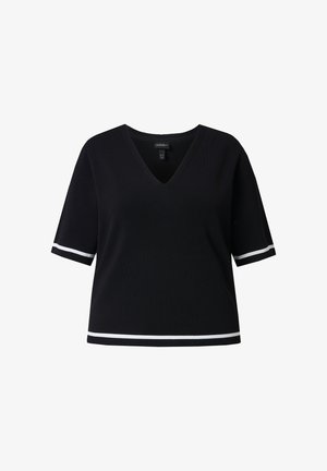 Zwarte V-hals trui met korte mouwen, voorzien van witte strepen aan de mouwen en zoom. Gemaakt van een zachte, gestructureerde stof.