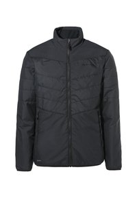 Veste isolée noire avec un col haut, des coutures horizontales, une fermeture éclair à l'avant et deux poches latérales. Fabriquée en matériau doux et léger.