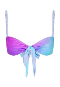 Top bikini con un design a gradiente che va dal viola al blu, con un fronte annodato e spalline decorate con perline per un tocco in più. Texture liscia.